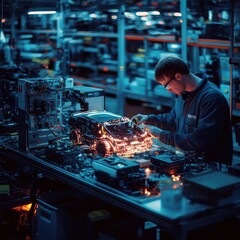 High-Tech Workshop with Futuristic Car Prototype