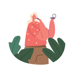 Female Character Rouge The Lips With Lipstick. Young Adorable Girl Holding Powder Box With Mirror Refreshing Makeup