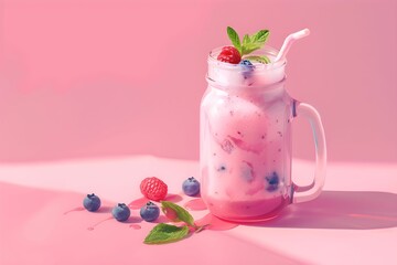 A refreshing pink berry smoothie served in a mason jar, garnished with fresh raspberries, blueberries, and mint leaves on a pastel pink background. 