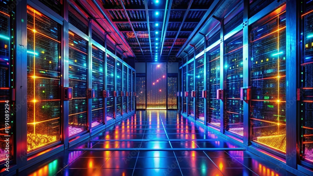 Poster surreal datacenter: glowing servers & abstract networks