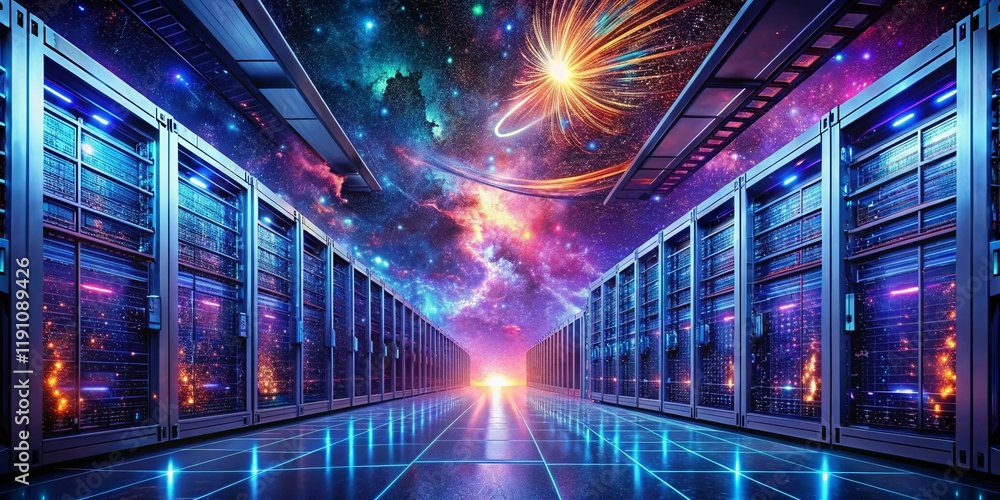 Poster surreal data center: server racks in a dreamlike network security room