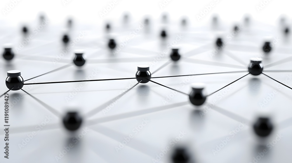Poster radiating data pathways amidst an interconnected network of central nodes representing the complex f