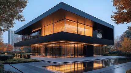 Fototapeta premium Modern data center building illuminated by twilight in urban landscape