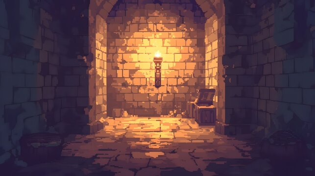 Naklejki A pixel art design of a stone hallway illuminated by torchlight, evoking a classic dungeon atmosphere