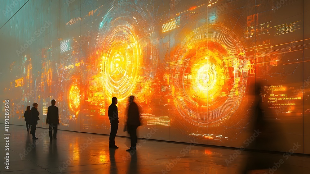 Poster futuristic glowing wall with abstract patterns and blurred motion of people passing in the foregroun