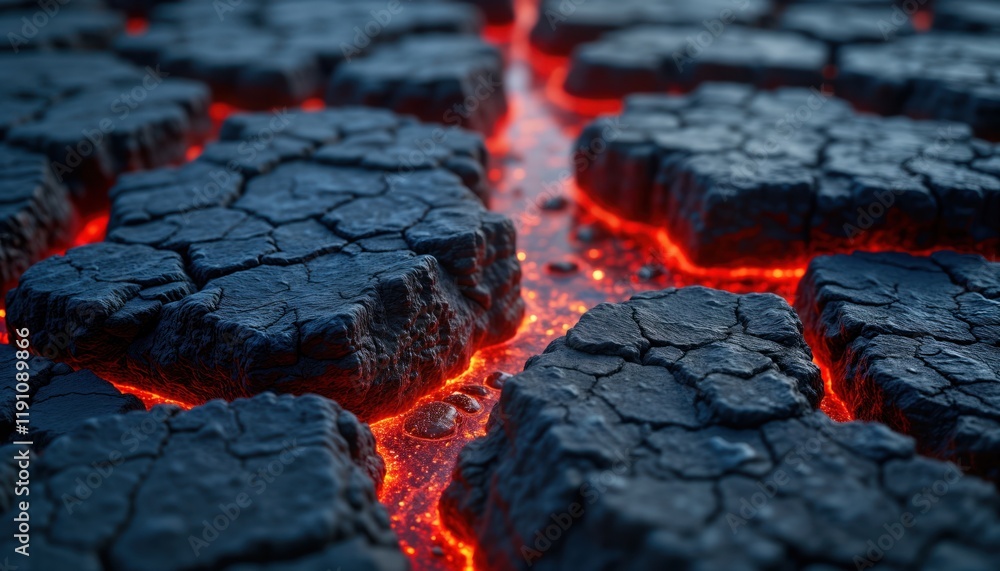 Wall mural Closeup view of fractured dark volcanic rock surface. Molten lava flows between cracked segments. Bright red hot lava streams across dark rock. Intense energy, heat evident. Abstract pattern of