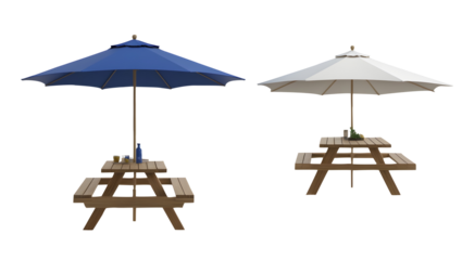 Wooden picnic table with green umbrella on a Transparent Background, 