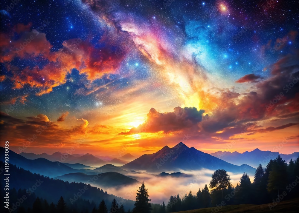 Poster surreal double exposure landscape with abstract shapes and celestial elements