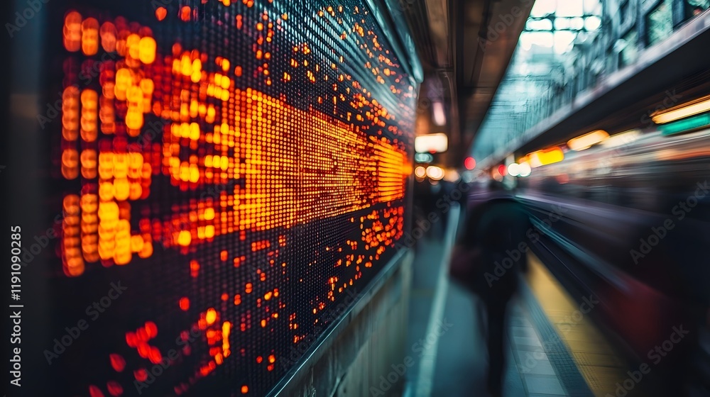 Poster futuristic digital display wall filled with data and information matrices with blurred commuters in 