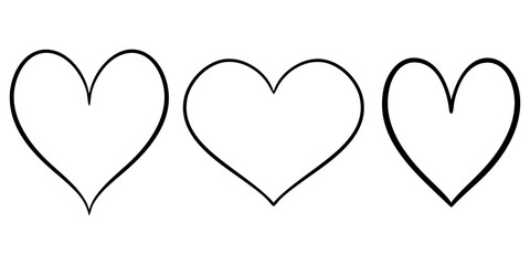 Vector heart illustrations set in line art style. Graphic monochrome drawing. Hand drawn heart outline sketch, ink illustration. Design element for wedding invitation, Valentines day, tattoo, logo