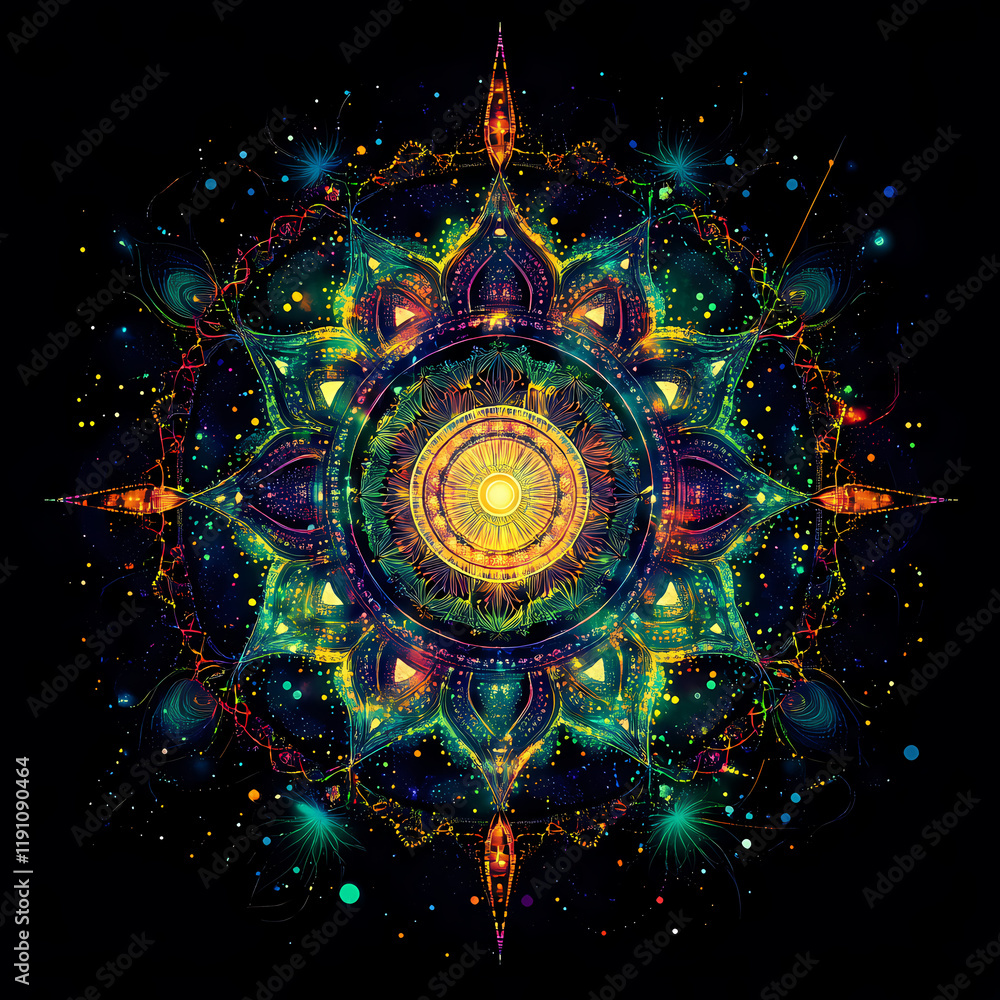 Poster colorful mandala design with intricate patterns and vibrant cosmic elements set against a dark backg
