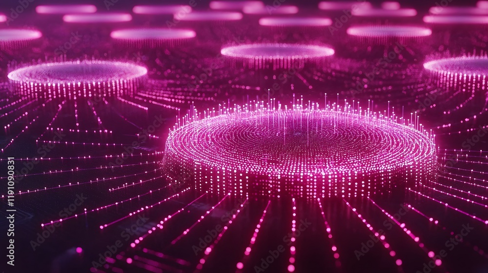 Poster captivating abstract visualization of radiating data hubs and spheres in a vibrant network themed di