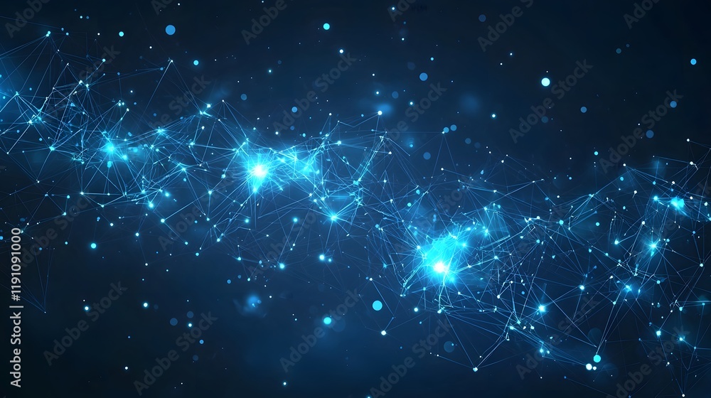 Poster stylized network background with intricate geometric shapes in shades of blue depicting data hubs an
