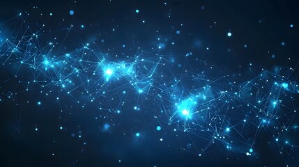 Stylized network background with intricate geometric shapes in shades of blue depicting data hubs and the flow of digital information  The image has a futuristic cyberpunk aesthetic