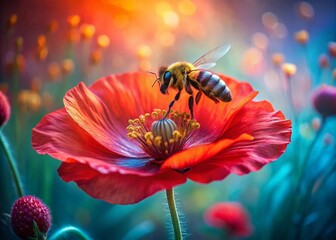Naklejka premium Surreal European Honey Bee on Red Poppy Flower, Macro Photography