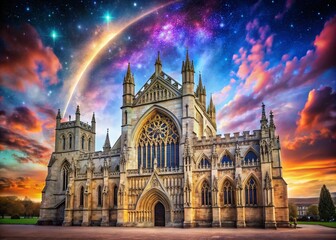 Fototapeta premium Surreal Exeter Cathedral: Floating Spire & Celestial Glow, Devon, England