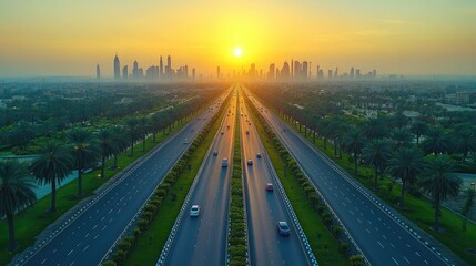 Drone Perspective of Riyadh’s Highway Network and Green Spaces with Cityscape in Background