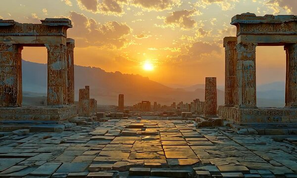 Ruins of ancient Persepolis, remains go temple with columns at sunset, camera flying above the site giving panoramic view, 4K