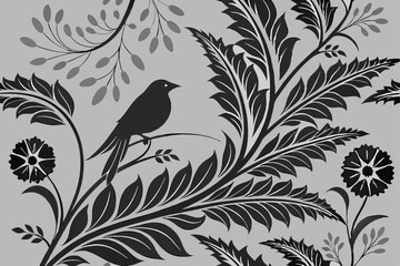 Dark botanical pattern, intricate leaf textures, monochromatic black and gray, dense foliage design, Art Nouveau style, seamless repetition, organic shapes, elegant floral motif, shadowy atmosphere, s
