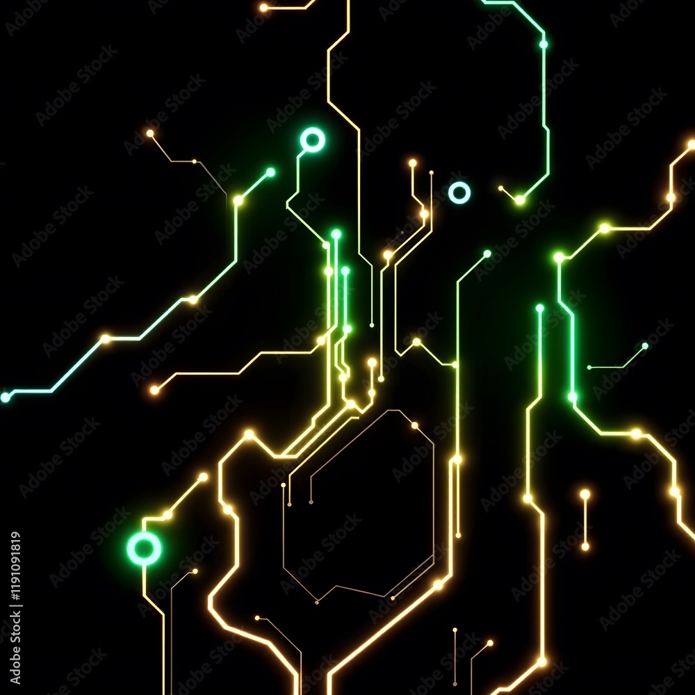 Poster abstract circuit board network with glow lines on black background