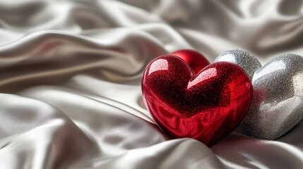 Shiny red and silver hearts resting on smooth silk fabric, creating a romantic and luxurious atmosphere.