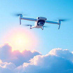 White Drone Flying over Clouds with Sunburst in the Sky