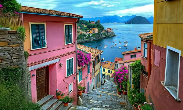 Camera flying above the Amalfi coast look-like landscape, Italian town on the sea, terraced houses decorated with flowers. 4K