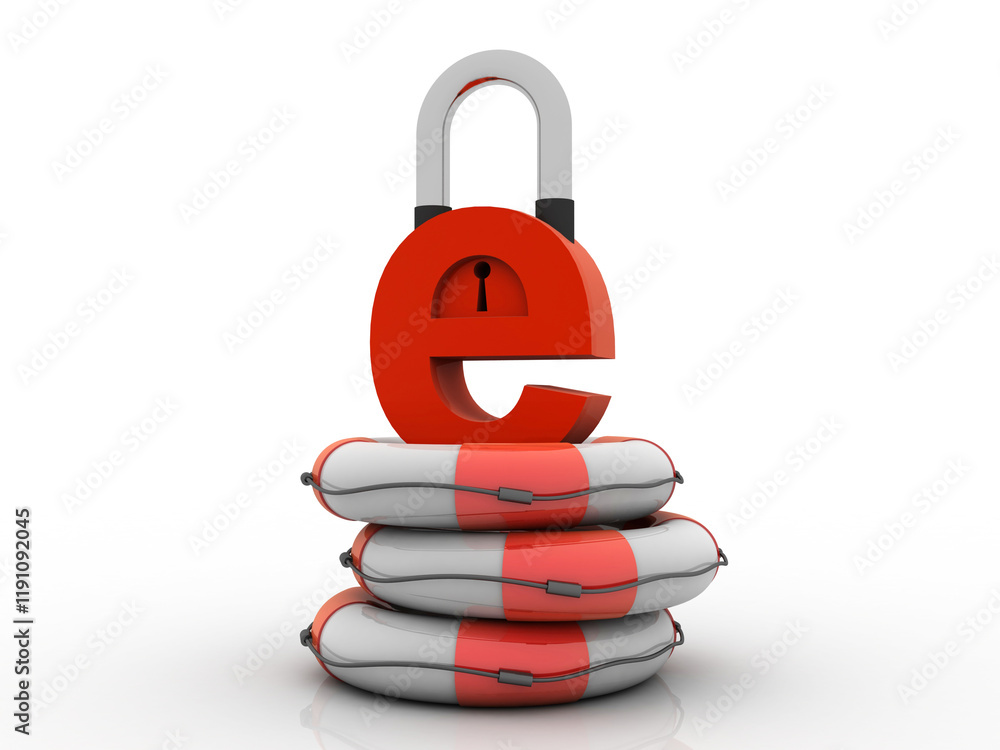 Poster 3d rendering e-mail symbol with lock in life belt