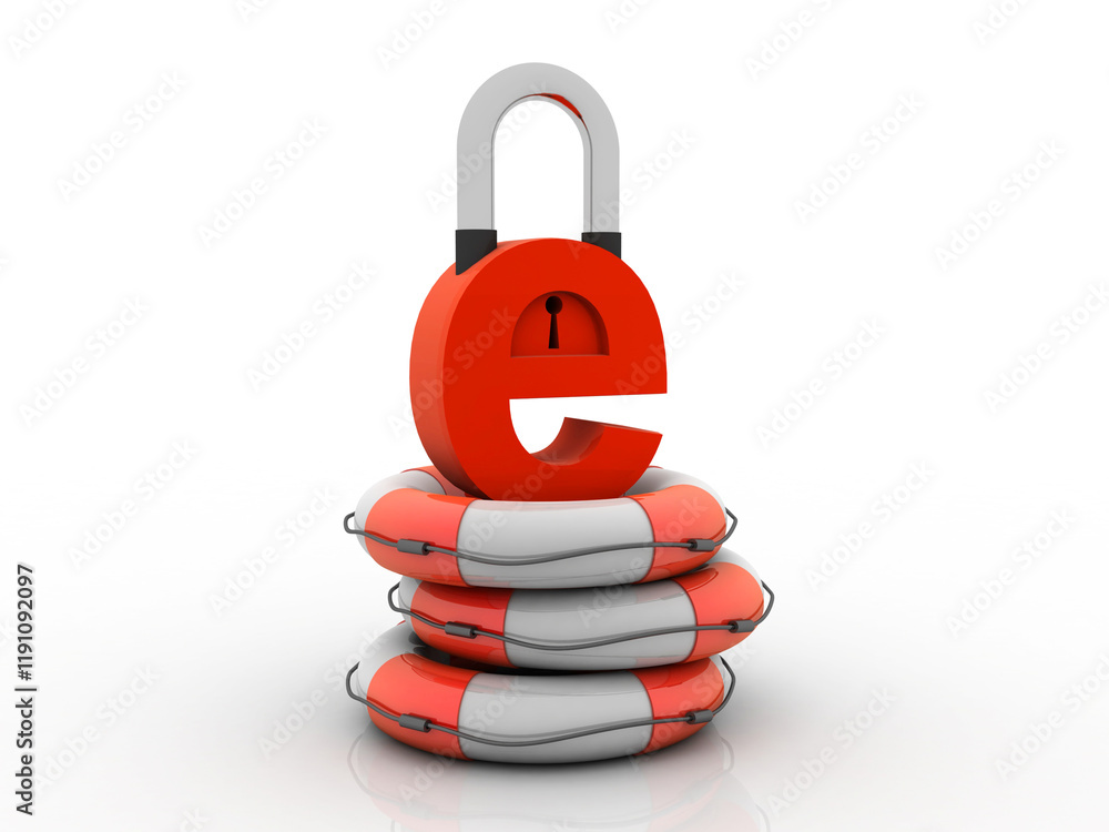 Poster 3d rendering e-mail symbol with lock in life belt