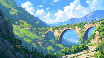 A pixel art representation of a serene mountain pass with lush greenery under a sunny sky, creating a nostalgic feel