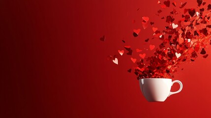 Red paper hearts splash out from white coffee cup on red paper background. Love and Valentine's day concept. Copy Space