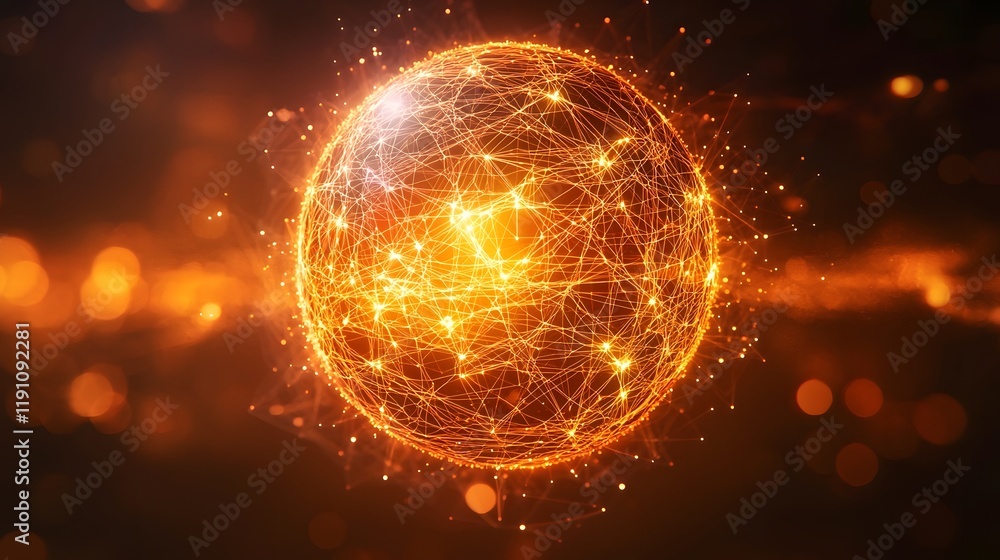 Poster glowing illuminated spherical visualization representing the intricate connections and data flows wi