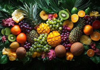 Vibrant Display of Fresh Tropical Fruits Surrounded by Lush Greenery, Featuring Pineapples, Mangoes, Grapes, Oranges, Kiwis, and a Variety of Colorful Flowers