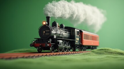 Obraz premium Steam train model, puffing smoke, green background.