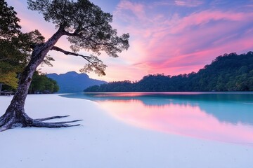 A colorful sunset casts vibrant hues across a serene beach, where gentle waves lapping against the shore create a peaceful atmosphere. A lone tree adds character to the scene