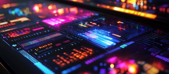 Obraz premium Futuristic digital interface with glowing colorful data streams and vibrant neon lights.