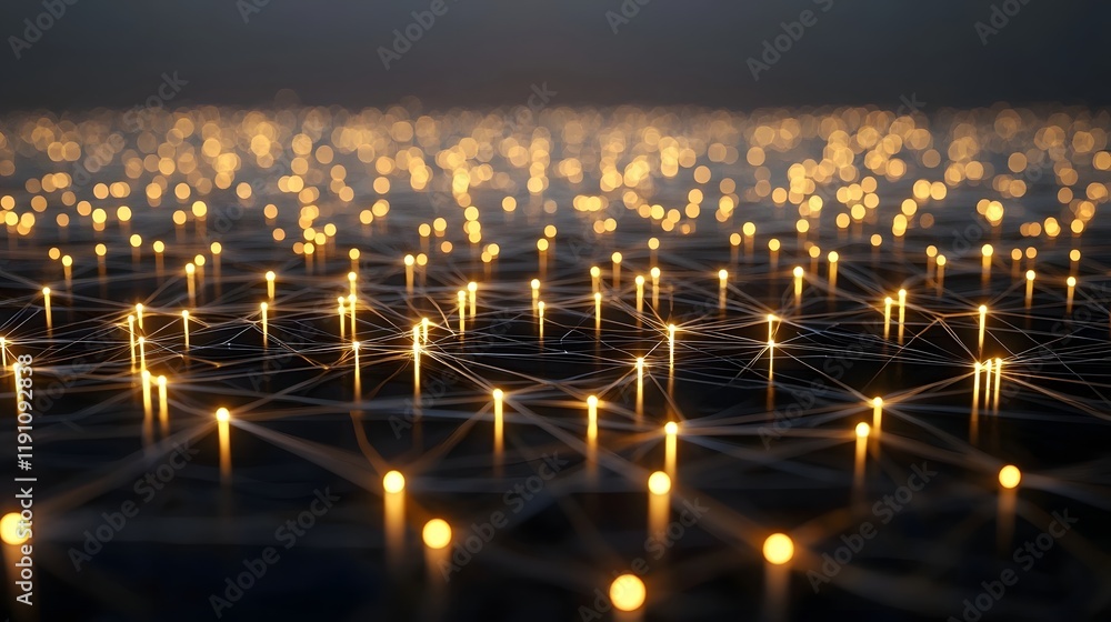 Poster glowing network of interconnected nodes and lines creating a futuristic big data visualization backd