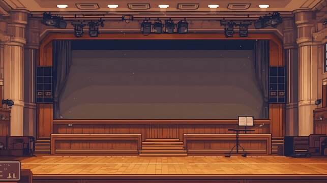 A pixel art representation of an empty auditorium, complete with a stage and rows of seating, ideal for video game background design.