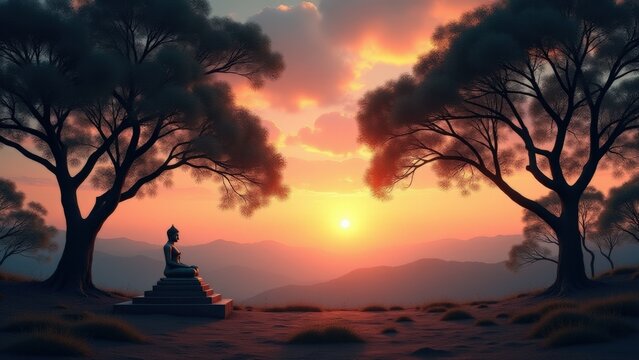 a panoramic view of Buddha&rsquo;s resting place under sal trees, a serene sky above, glowing hues of dusk. Buddha, Buddhism, The last days and parinirvana.