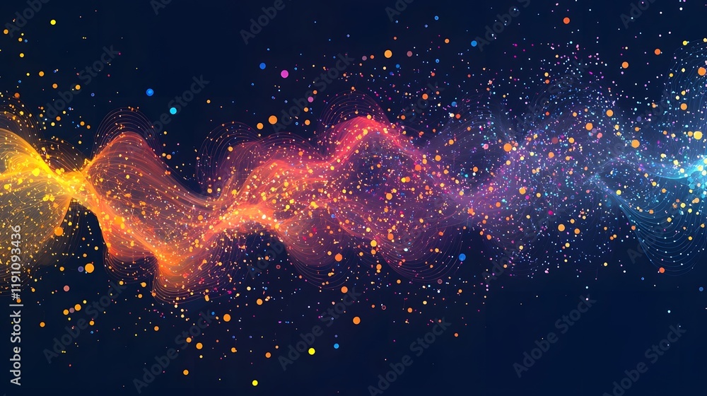 Poster dynamic and vibrant visualization of data streams and energy particles traveling through an expansiv
