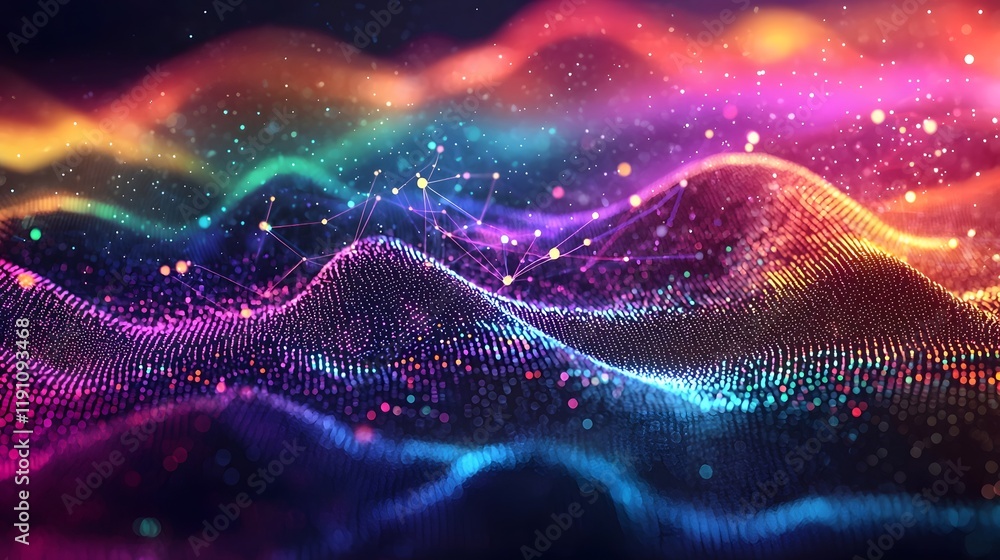 Poster futuristic visualization of a glowing particle network connecting luminous digital data points in a 