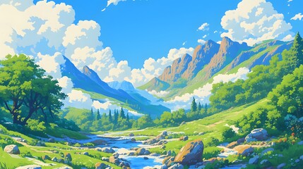 A pixel art scene showcasing a mountain pass surrounded by lush greenery under a sunny sky dotted with clouds, reflecting a classic video game charm.