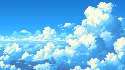 A pixel art style scene with a clear blue sky and fluffy clouds, ideal for platformer or adventure game backgrounds