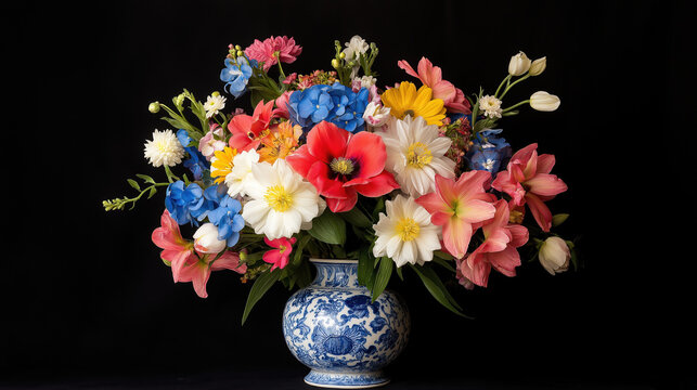 Vibrant bouquet of colorful flowers in a blue and white ceramic vase against a black background