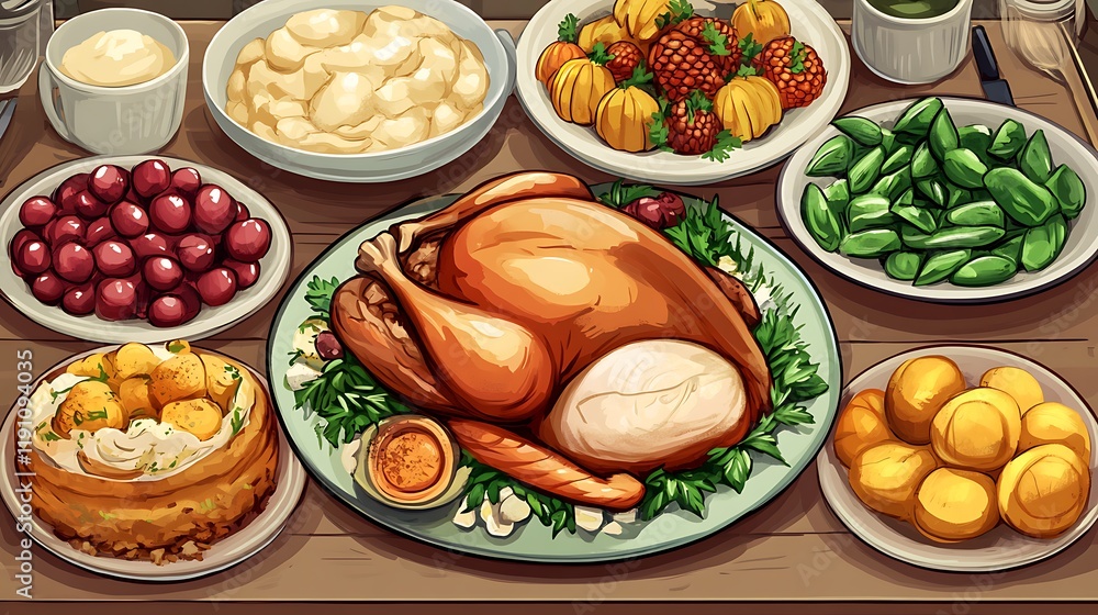 Wall mural thanksgiving dining table with roast turkey and an array of side dishes