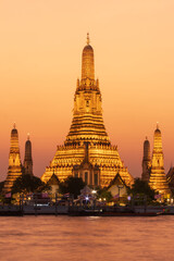 Wat Arun Ratchawararam Ratchawaramahawihan or Wat Arun (Temple of Dawn) is a Buddhist temple along the Chao Phraya river at twilight in Bangkok, Thailand.