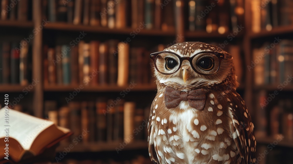 Poster owl wearing glasses and a bow tie poses gracefully in front of a grand bookshelf filled with books i