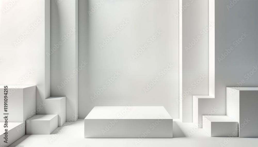 Poster empty white room with geometric white boxes arranged in modern minimalist design. modern abstract in