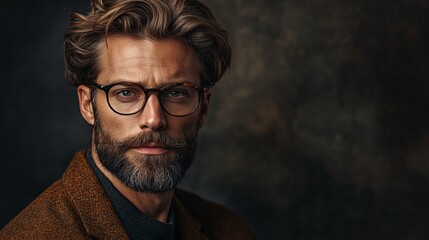 Obraz premium Portrait of confident bearded man wearing stylish eyeglasses and brown jacket