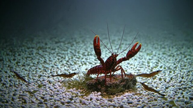 Vibrant underwater scene features a lobster surrounded by small shrimp in a rocky habitat